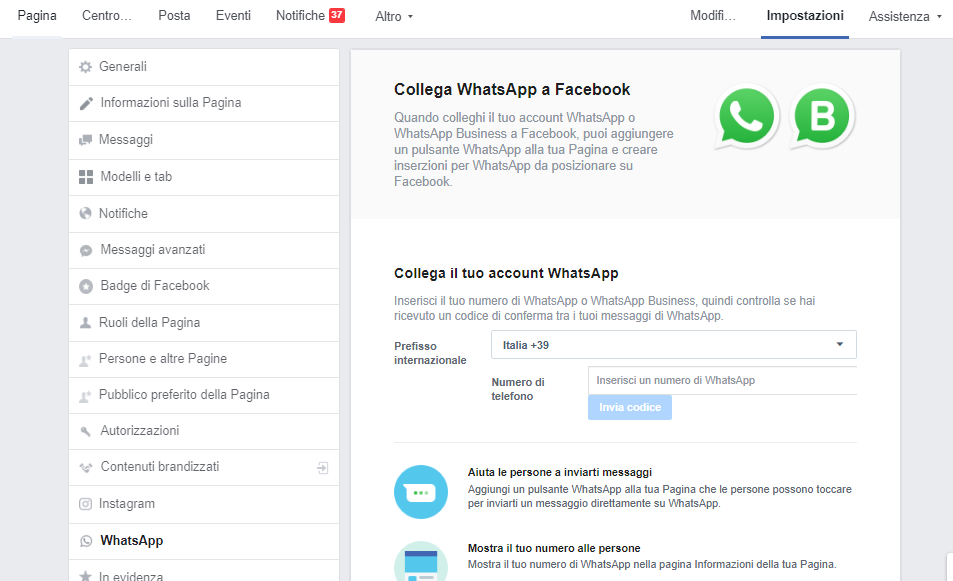 Schermata per collegare Facebook a WhatsApp - WhatsApp Business come funziona 