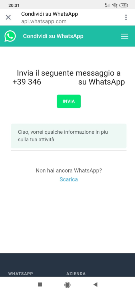 Esempio di schermata per inviare messaggio su WhatsApp via link